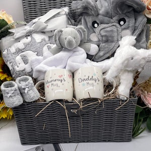 New Elephant Baby Hamper New Parent Gift Box, New Baby Gift, Unisex Elephant Baby Hamper & Baby Girl Hamper, Baby Boy Hamper. Gender Neutral