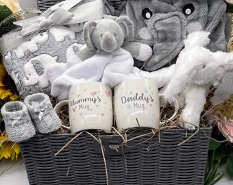 New Elephant Baby Hamper New Parent Gift Box, New Baby Gift, Unisex Elephant Baby Hamper & Baby Girl Hamper, Baby Boy Hamper. Gender Neutral