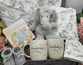 Elephant Baby Hamper Gift Set: Outfit, Booties, Mugs for Parents