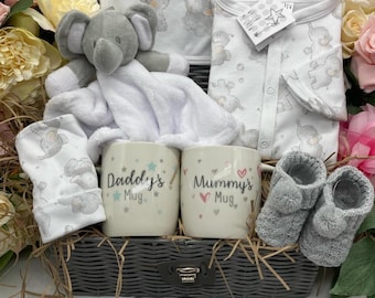 Elephant Baby Hamper Gift Box: Outfit, Comforter & Parent Mugs