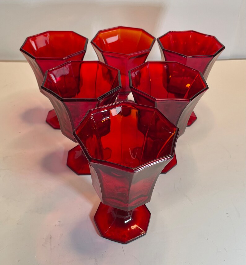 6 Vintage Ruby Red Wine Glasses Octagonal and Footed 8 Oz Wine Etsy