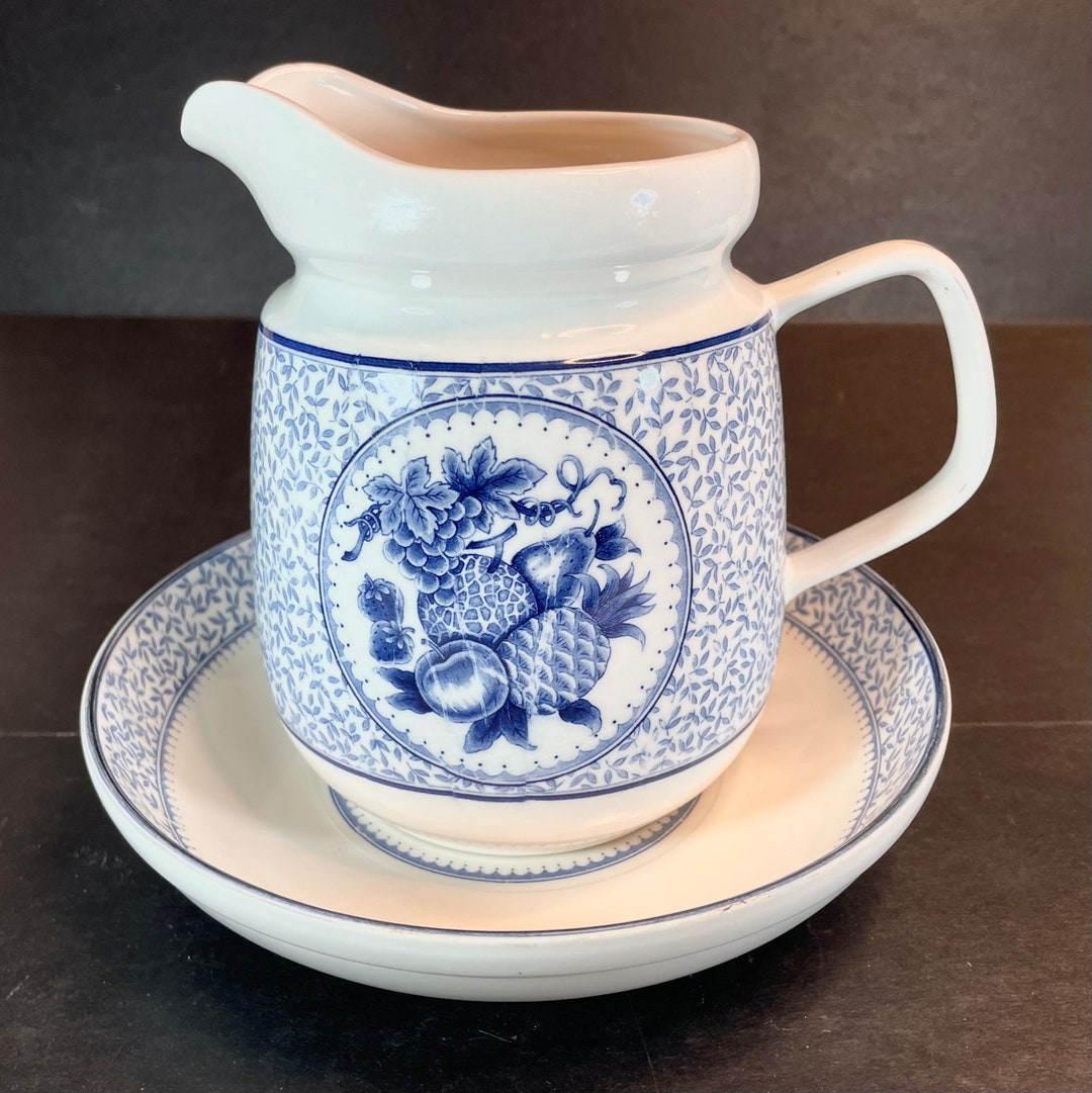 Vintage Pitcher and Wash Basin Bowl Blue and White Pottery Etsy