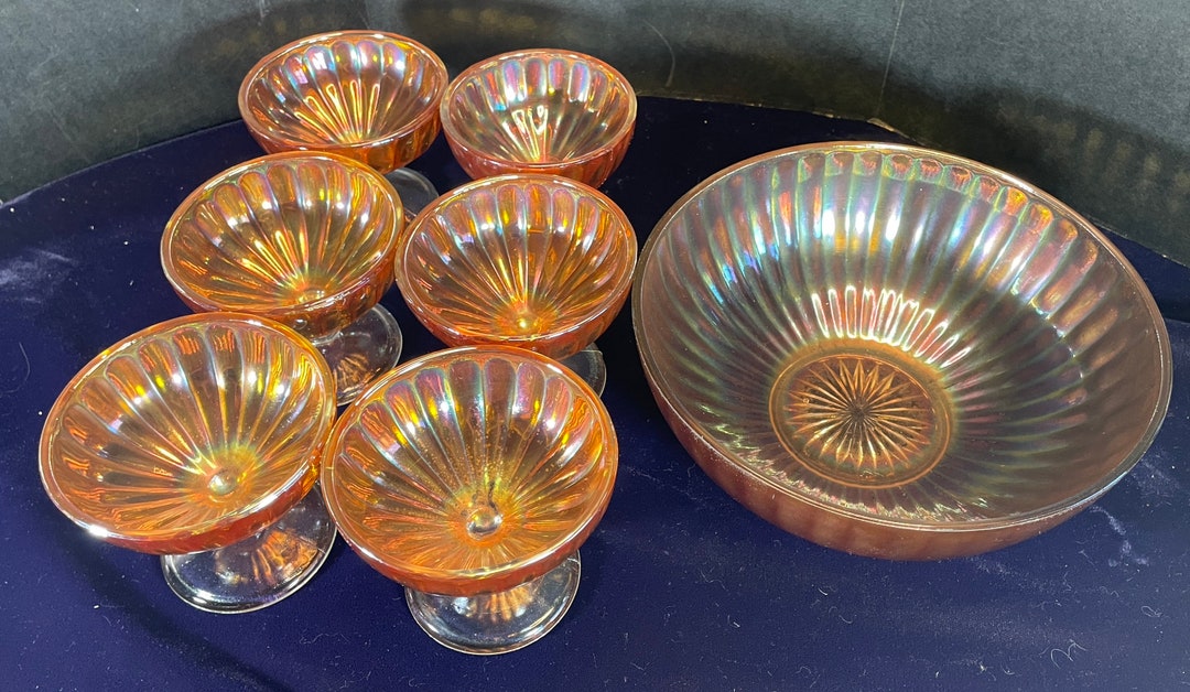 Vintage Imperial Marigold Carnival Glass Dessert Set With 6 Etsy