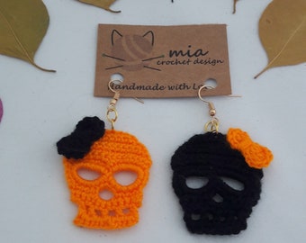 Crochet Skull Earrings, Halloween Dangly Earrings, Spooky Season