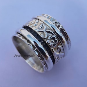Silver Spinner Ring Fidget Ring Floral Ring Silver Flower Ring Promise Ring Meditation Ring Christmas Gift For Her Silver Anixety Ring