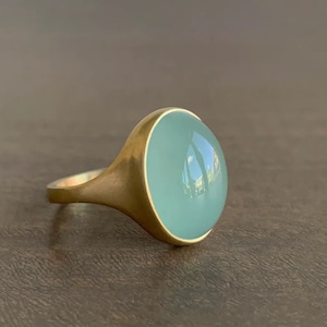 Dark Milky Aqua Chalcedony Oval Cabochon Cast Ring, 18k ring, Blue chalcedony ring, gold ring