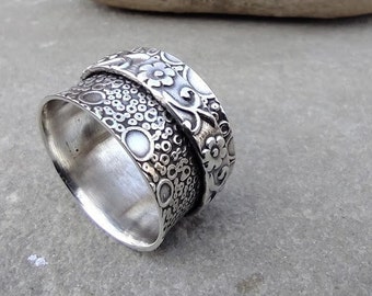 Sterling Silver Floral Spinner Ring - Anxiety Fidget, Meditation Band