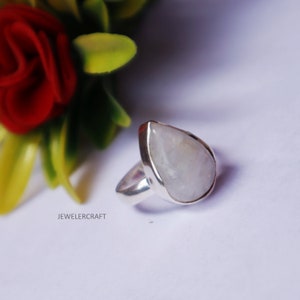 Silver Moonstone Ring June Birthstone Ring Silver Pear Shape Ring Minimalist Stacking Ring 925 Sterling Silver Ring RainBow Moonstone