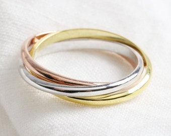 Triple interlocked ring -Silver Copper Brass Ring - Anniversary Gift for Her -Tri Color Rolling Ring - Interlocking Bands-Intertwined Rings