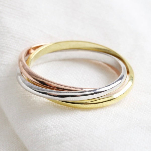 Triple interlocked ring - three colors-Super Skinny Minnie Rolling Ring--Tri Color Rolling Ring--Interlocking Bands