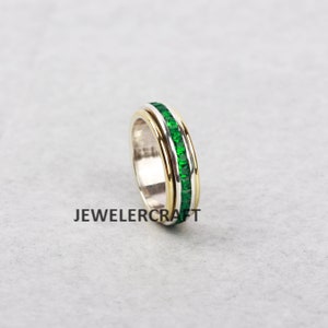 Simulated Emerald  Silver Band Ring-spinner ring-Gemstone Spinner Ring-Diamond Ring-Meditation Ring-Band Ring-Fidget Ring-Thumb Ring