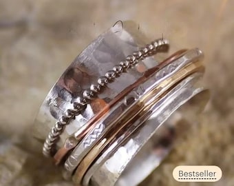 Sterling silver fidget ring, Silver spinner ring, Hammered ring, Holiday gifts, Christmas gift for girlfriend, Spinner ring
