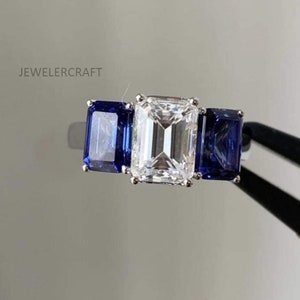 Blue Sapphire Engagement Ring, 925 Sterling Silver Ring, Cubic Zirconia Bridal Ring, Radiant Cut Promise Ring, Anniversary Gift For Her