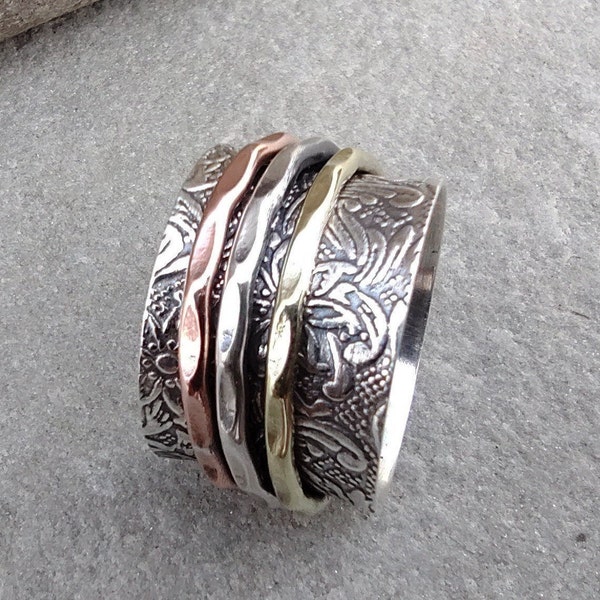 Sterling Silver Spinner Ring, Floral Band, Meditation Jewelry