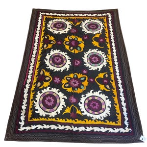 Hand Embroidered Antique Suzani Textile: Silk & Cotton Wall Hanging