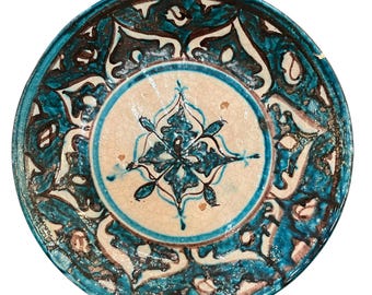 Plato de cerámica uzbeka antiguo: diseño floral turquesa y marrón, decoración de pared coleccionable