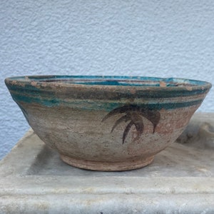 Antique Hand-Painted Ceramic Bowl: Uzbek Folk Art, Turquoise Glaze
