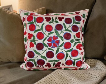 46x43cm, Red Pomegranate Cushion Cover, Hand Embroidered Throw Pillow, Boho Decorative Pillow, Uzbek Suzani Pillow Case, Cottagecore Decor