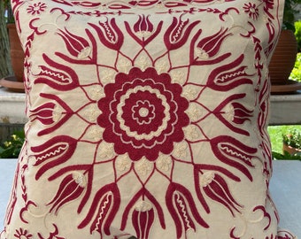 Suzani Pillow,48X48CM  Red White Floral Throw Cushion, Uzbek Pillow, Accent Pillow,Suzani Decorative Pillow Cover,Free Shipping