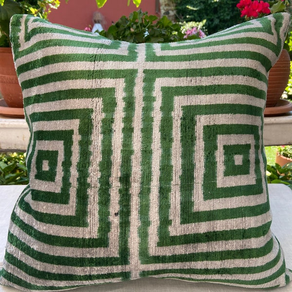 Quadratisches Ikat Samt Kissen, 50x50cm Seide Ikat Kissenbezug, Ikat Kissen, Wurfkissen, Lumbar Kissen, Geometrischer Kissenbezug