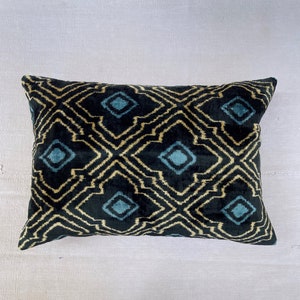 Black yellow-blue Decorative Velvet ikat pillow cover, handwoven silk pillow, boho pillow, bohemian pillow, boho home decor,Free shipping