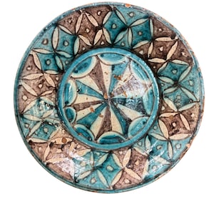Turquoise & Brown Glazed Geometric Pattern -Antique Uzbek Ceramic Plate –Handcrafted Vintage Clay Dish– Rustic Boho Decor,Collectible
