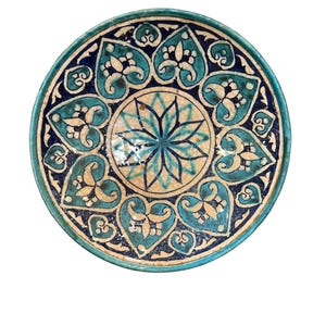 Antique 100+ Year Old Uzbek Ceramic Plate – Hand-Painted 28 cm Vintage Pottery with Traditional Floral Motifs,Free Shipping