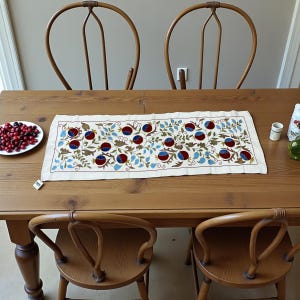 Hand Embroidered Suzani Table Runner – Silk on Cotton, 4.9 x 1.6ft, Pomegranate & Floral Motifs