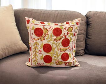 Red Suzani Pillow Cover Vintage, Pomegranate Embroidered Cushion 43x43 cm
