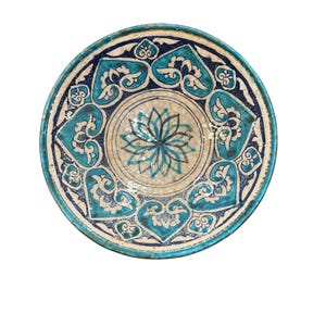 Antique 100+ Year Old Uzbek Ceramic Plate – Hand-Painted 28 cm Vintage Pottery with Traditional Floral Motifs,Free Shipping