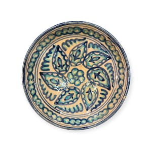 Piatto antico in ceramica uzbeka - Ciotola dell'Asia centrale dipinta a mano in turchese e cobalto - Ceramica popolare di oltre 100 anni