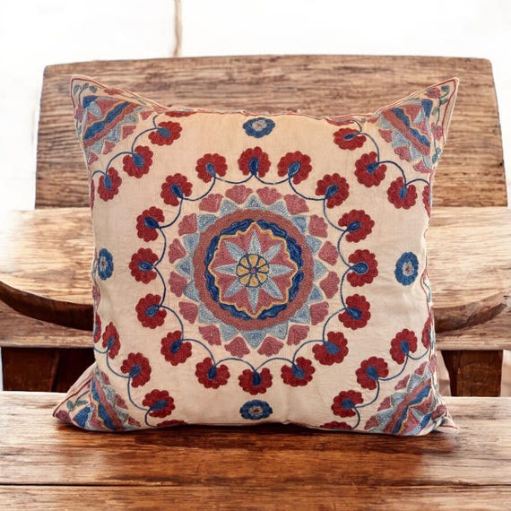 花柄シルクスザニ枕カバー、刺繍入りウズベキスタンクッション（49 x