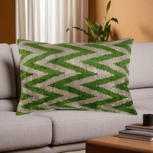 Green Zigzag Decorative Cushion,Handmade Silk Ikat Velvet Pillow 60x40 cm , Uzbek Ikat Lumbar Pillow,  couch pillow, gift for home