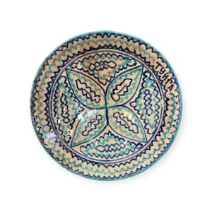 Piatto antico in ceramica uzbeka, ciotola dell'Asia centrale dipinta a mano in turchese e cobalto, piatto decorativo etnico