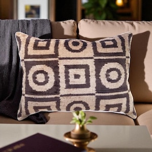 Vintage Silk Ikat Velvet Pillow 55x40 cm – Handmade Uzbek Cushion, Beige & Black Geometric Square Design