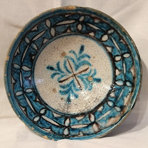 Antique Hand-Painted Ceramic Bowl: Uzbek Folk Art, Turquoise Design (21cm)