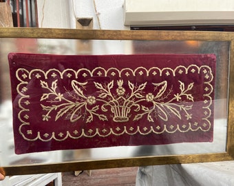 Framed Antique Ottoman Embroidery: Red Velvet, Gold Thread Floral Art