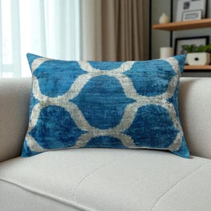 Blue Luxury Ikat cushion, 60x40 cm Ikat pillow - Silk Velvet pillow -Decorative pillow -Velvet Ikat pillow - Hand-made pillows,Free Shipping