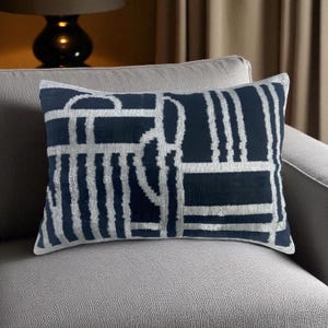 Navy White Geometric Cushion, 57x40cm Silk Ikat Pillowcase, Ikat Cushion, Throw Pillows, Lumbar Pillows, Geometric Pillowcase ,Free Shipping