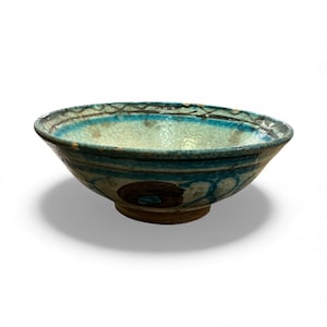 Antica ciotola in ceramica dipinta a mano: arte popolare uzbeka, design turchese (24 cm)