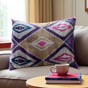 Silk Ikat Pillowcase,Ikat Velvet Pillow,60x42cm  Ikat Cushion, Throw Pillows, Lumbar Pillows, Geometric Pillowcase, Boho Pillow