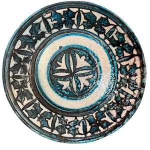 Traditional Boho Wall Decor-Antique Uzbek Hand-Painted Ceramic Plate – 40 cm Large Decorative Pottery – Turquoise & Black Floral Motif