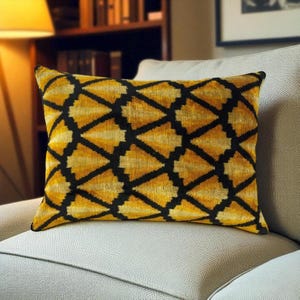 Vintage Silk Ikat Velvet Pillow 54x40 cm – Handmade Uzbek Cushion, Yellow & Black Geometric Design, Throw Pillow, Lumbar Pillow, Boho Pillow