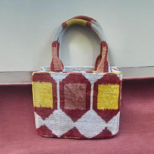 Ikat Velvet Small Tote Bag, Handwoven Ikat Velvet Shoulder Bag, Ikat velvet Handbag, Bohemian Top handle Bag, Boho Chic