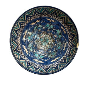 Antique Uzbek Ceramic Plate – Handcrafted Clay Dish with Islamic Geometric Motif – Vintage Pottery Wall Decor,26 cm, Free Shipping