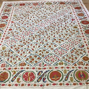 Silk Suzani: Uzbek Hand Embroidery Bedcover, Wall Hanging (107x94 inch)