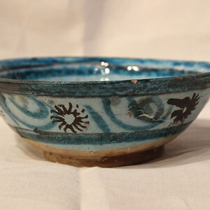 Antique Hand-Painted Ceramic Bowl: Uzbek Folk Art, Turquoise Glaze