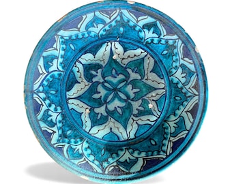 Plato uzbeko antiguo de 42 cm (16,53 pulgadas): Cerámica de arcilla hecha a mano, diseño popular tradicional.