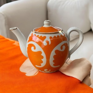 Porcelain Orange Teapot,Vintage teapot,Asia Teapot,Uzbek teapot,decorative teapot,12cm teapot,ceramic natural paints teapot