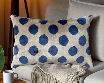 Handwoven Silk Velvet Ikat Pillow Cover: Blue Polka Dot Bohemian Cushion